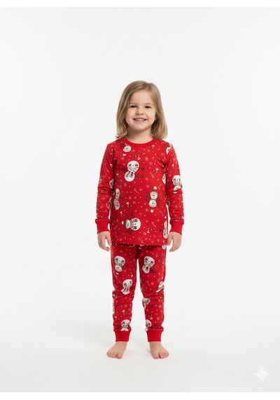 Unisex Kardan Adam Desenli Pijama Takımı Kışlık %100 Pamuk Kırmızı