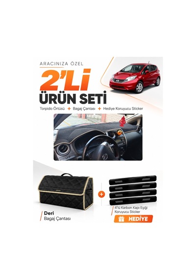 Nissan Note E12 2009-sonrası Uyumlu Torpido Örtüsü + Deri Bagaj Çantası + Sticker Seti - Siyah Bej