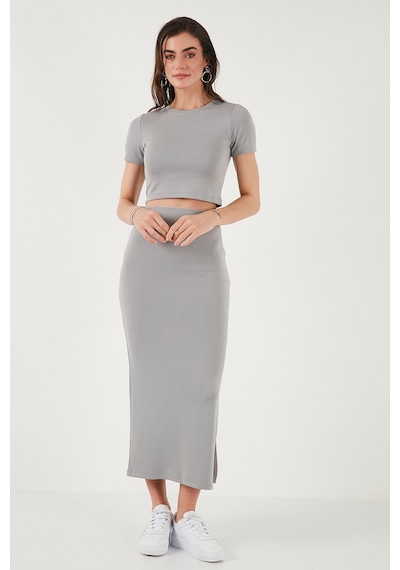 Lela Slim Fit Yırtmaç Detaylı Uzun Etekli Crop Bayan Takım 5866148 Gri
