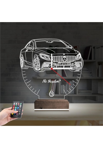 Luvivia Mercedes Araba Kişiye Özel Saatli 3d Lamba - Masa Gece Lambası Şeffaf
