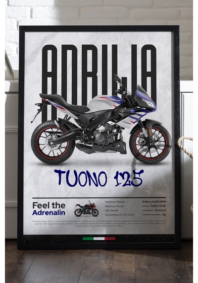Aprilia Tuono 125 Siyah Ahşap Çerçeveli Poster, Dekoratif Motosiklet Duvar Tablosu