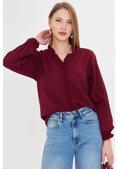Armonika Kadın Bordo Yakası Ve Önü Fırfır Detaylı Kolları Lastikli Uzun Kollu Bluz Arm-25k001030