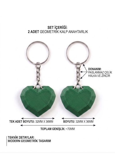 2'li Geometrik Kalp 3d Anahtarlık & Çanta Süsü Yeşil