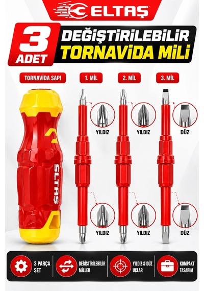 Eltaş 3 Parça Çift Taraflı Değiştirilebilir Tornavida Seti Yıldız & Düz Uçlu Pratik Tornavida