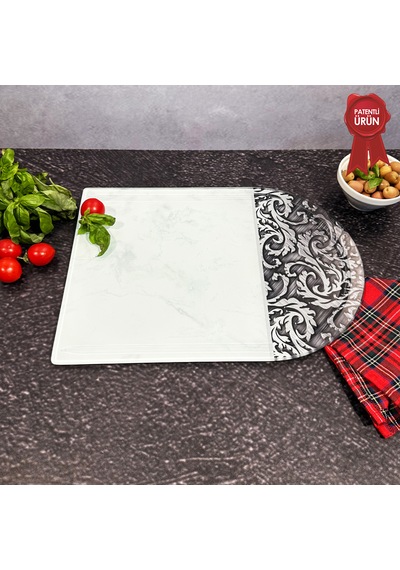 Kanallı Cam Kesme Tahtası - Ornament Beyaz - Kenarı Oval- 25x35cm