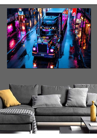 Neon Işıklar Ve Gece Şehri Dekoratif Kanvas - Mdf Ahşap Tablo