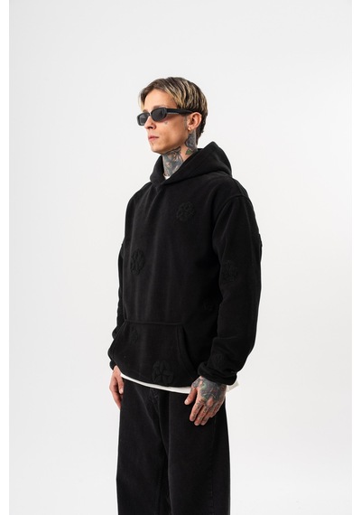 Respire Erkek Süzene Nakış Detaylı Kapüşonlu Oversize Polar Hoodie Siyah