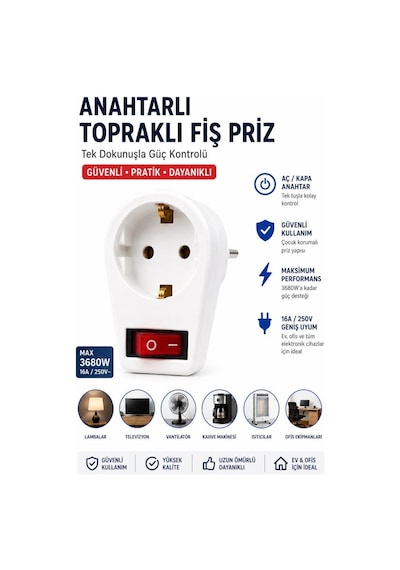 Şahnet Topraklı Anahtarlı Fiş Priz Beyaz 16a 3680w Aç Kapa Anahtarlı Tekli Priz