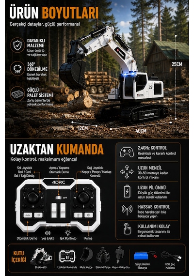 3in1 Excavator Kırıcı Delici Taşıyıcı Rc Uzaktan Kumandalı Işıklı Sesli Metal Alaşım Ekskavatör İş Makinesi Beyaz
