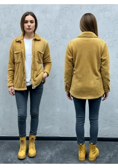 Kadın Slimfit Peluş, Polar, Düğmeli, Teddy Gömlek Yaka, Cepli, Sıcak Tutucu Yumuşak Kışlık Ceket Taba