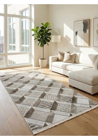 Krem Bej Saçaklı Modern Yıkanabilir Kabartmalı Kaymaz Taban Kesme Halı Yolluk Yeşil