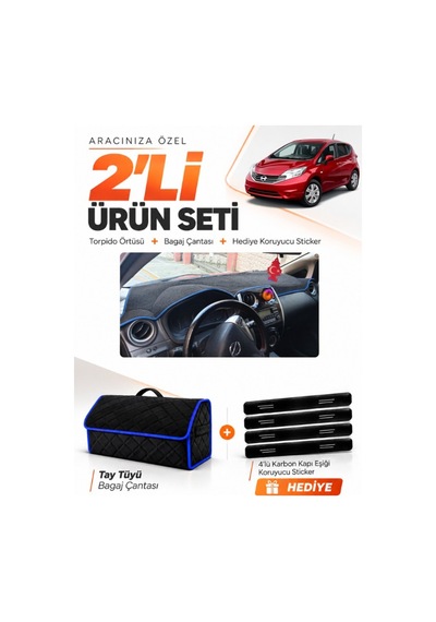 Nissan Note E12 2009-sonrası Uyumlu Torpido Örtüsü + Tay Tüyü Bagaj Çantası + Sticker - Siyah Mavi