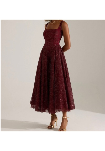 Uzer Abiye Işıltılı Sim Baskılı Jacquard Dokulu Kare Yaka Couture Premium Abiye Elbise,düğün Albisesi Bordo