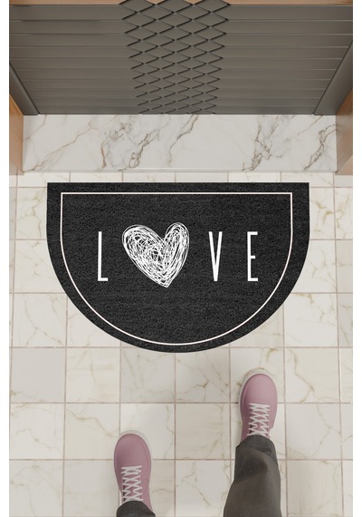 Rugmood Modern Dijital Paspas Siyah Kalp Love Kapı Önü Paspası
