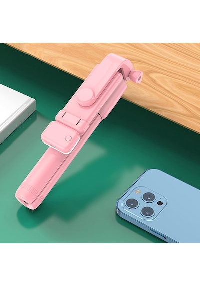 Katlanabilir Uzaktan Kumandalı Selfie Çubuğu Işıklı Masa Üstü Tripod Telefon Tutucu Pembe