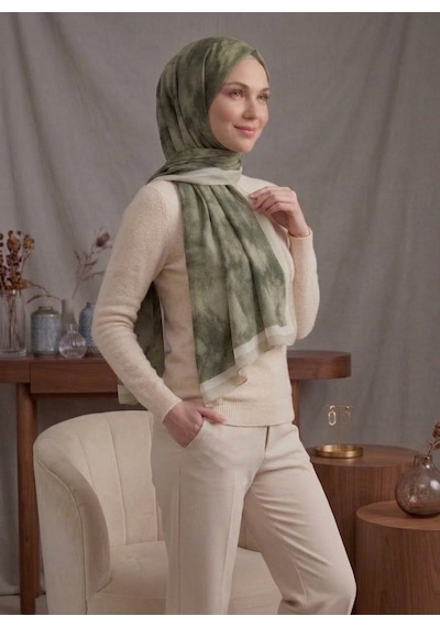Alivascarf Bulut Desen Bambu Şal Yeni Pamuk Trend Şal Zeytin Yeşili