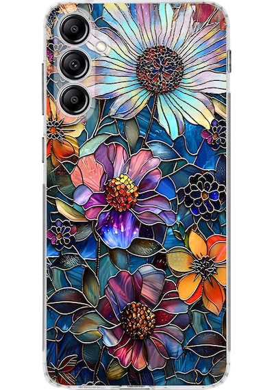 Printify Samsung Galaxy A14 İle Uyumlu Vitray Mücevher Flora Tasarımlı Şeffaf Silikon Kılıf Şeffaf