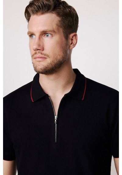 Tudors Erkek Slim Fit Dar Kesim %100 Pamuk Düz Pike Fermuarlı Siyah Polo Yaka Tişört-27685 Siyah