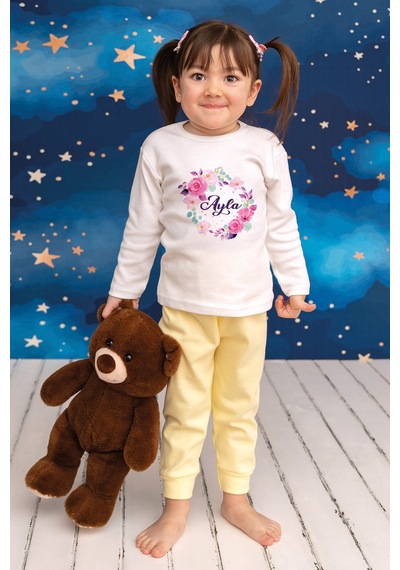 Pia Baby İsimli Kız Çocuk Pijama Takımı %100 Pamuk Penye İsme Özel Baskılı Kişiselleştirilebilir Pijama Seti 20202s14pi Krem