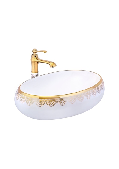 İsaoğlu Yapı Altın Çanak Lavabo Gold Beyaz Seramik Lavabo İşlemeli Vintage 60x40 Armatür Hariçtir Beyaz