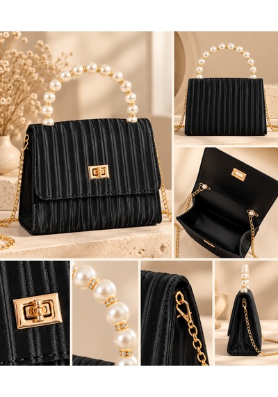 Elpida Bags Siyah Incili Omuz Çantası - Kartlık, Cep Aynası, Saç Tokası & Kişiye Özel Charm Hediye Seti