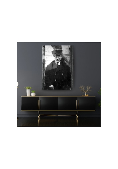 Gazi Mustafa Kemal Atatürk Eski Dönem Fotoğrafı Siyah Beyaz Cam Tablo Atatürk Temalı Dekoratif Duvar Tablosu, Salon, Ofis Ve Çalışma Alanı Dekoru,