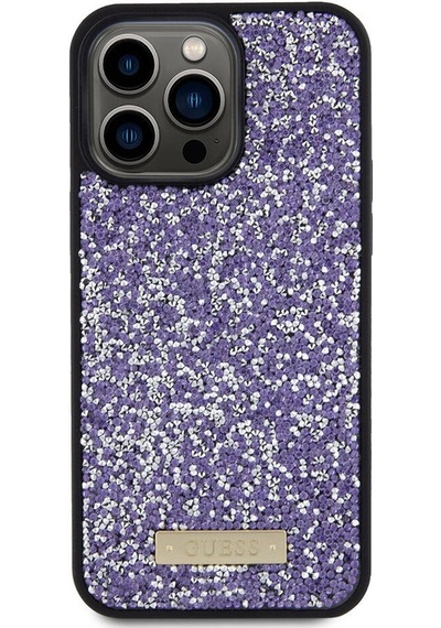 Apple Uyumlu iPhone 15 Pro Max Kılıf Guess Lisanslı Taşlı Arka Yüzey Metal Yazı Logolu Kapak Siyah