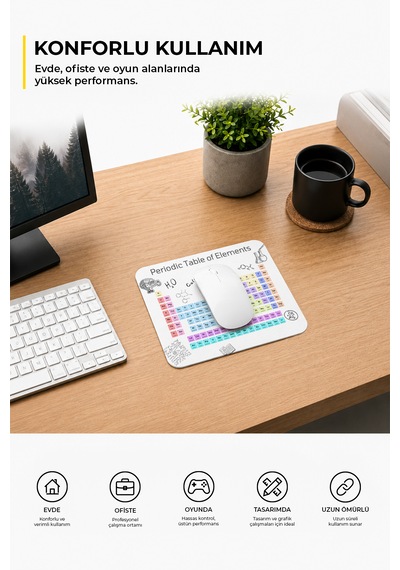 Periyodik Tablo Desenli Mouse Pad - 23x19 Cm Kaymaz Tabanlı Ergonomik Kimya Ve Bilim Fare Altlığı Çok Renkli