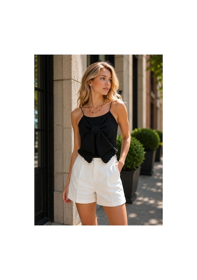 Meridefashion Askılı Fiyonk Detaylı Bluz Şık Yazlık Kadın Crop Model Siyah - M / L BEYAZ