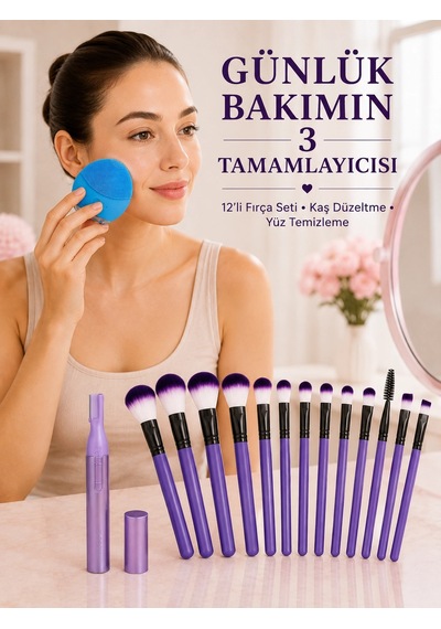 Zenvia 12 Li Makyaj Fırça Seti Kaş Düzeltme Cihazı Ve Yüz Temizleme Cihazı 3 Lü Kadın Güzellik Ve Bakım S
