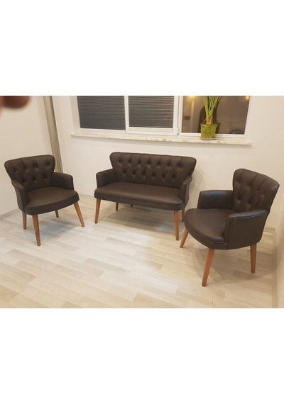 Garden House Kahve Renk Deri Metal Ayak Ofis Koltuk Takımı Kahverengi