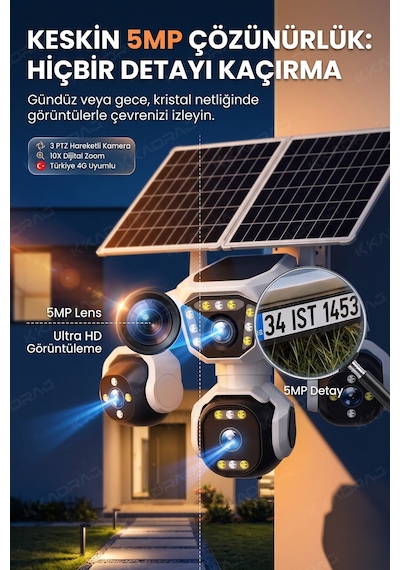 4 Kameralı - 2 Solar Panelli + Yeni Nesil + E- Sim Destekli + 20mp Güvenlik Kamerası Yapay Zeka Tek