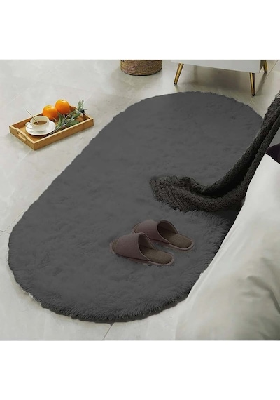 Raschel Carpet Oval Kesme Yolluk Kaymaz Taban Kalın Yumuşak Peluş Halı Özel Taban Koyu Gri
