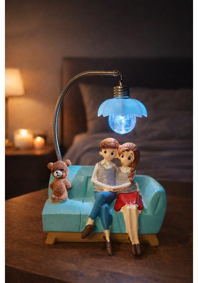 Romantik Çift Figürlü Işıklı Biblo Genç & Yatak Odası Dekoru - Sevgiliye Hediye, 18 Cm Mavi