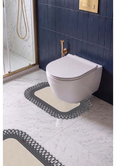 Banyo Paspası Takımı 70x110+50x70 Cm Dış Trikot Ekru & Antrasit