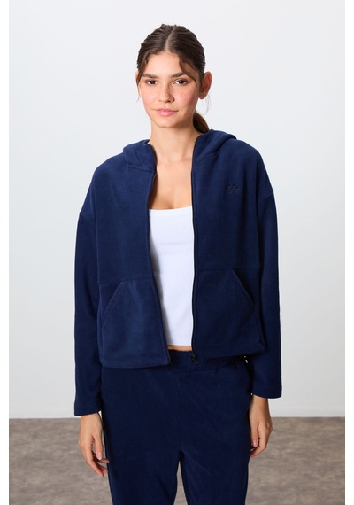 Tommy Life Lacivert Kalın Yumuşak Dokulu Kapüşonlu Oversize Nakışlı Polar Kadın Eşofman Takım -95338 Lacivert