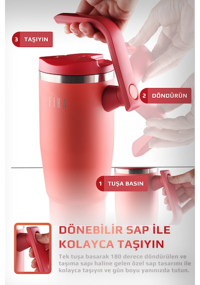 Fika Lumi Patentli Döner Kulplu Sızdırmaz Çelik Termos 1200 Ml - Bej Kırmızı