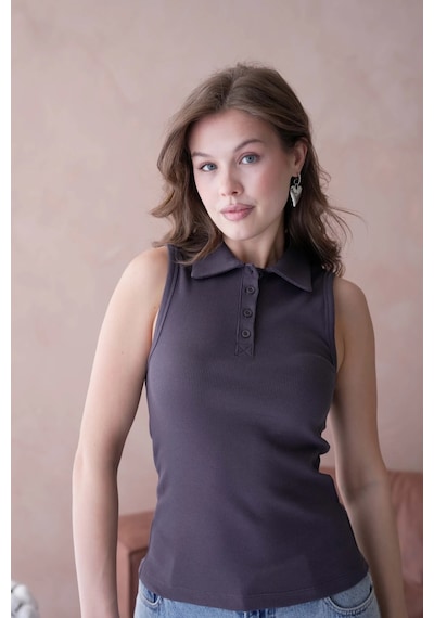 Park Karon Polo Yaka Kolsuz Basic T-shirt Füme