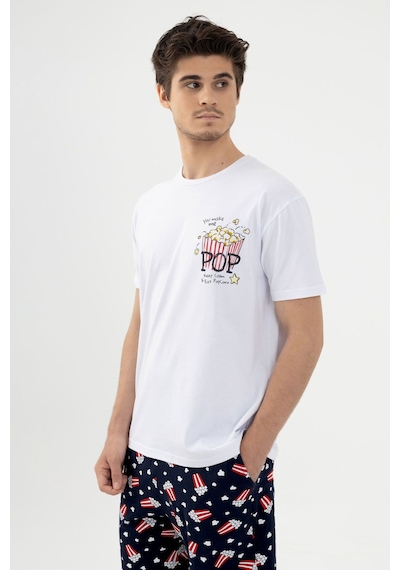 Koza İç Giyim Erkek Kısa Kollu Pamuklu Popcorn Desenli Şortlu Pijama Takımı Ko60100 Mavi - Beyaz