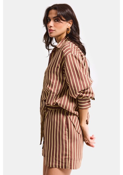 Itsbasic Kadın Kahve Çizgili S6-108 Oversize Rahat Kesim Gömlek