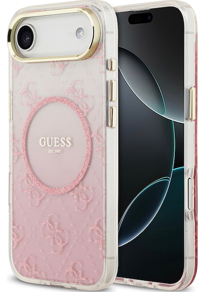 Apple Uyumlu iPhone 17 Air Kılıf Guess Lisanslı M-safe Şarj Özellikli 4g Desenli Simli Silikon Kapak Pembe Pembe