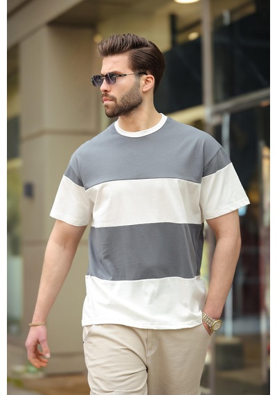 Madmext Füme Oversize Renk Bloklu Bisiklet Yaka Tişört 7020 Füme