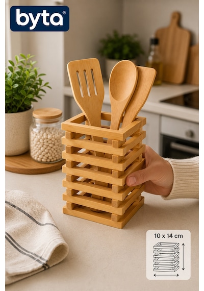 Bambu Kaşıklık 10x14 Cm Mutfak Tezgah Üstü Kaşık Çatal Düzenleyici Organizer Kahverengi