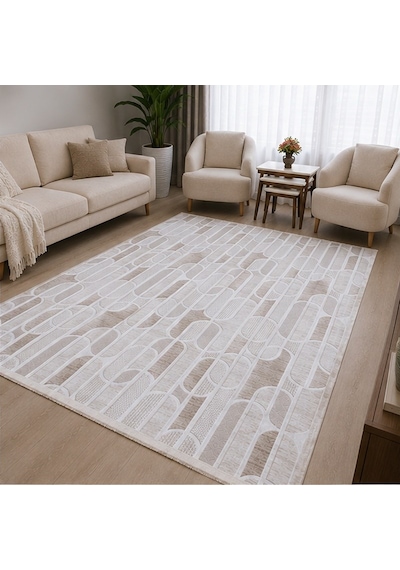 Krem Bej Geometrik Oval Desenli Saçaklı Kaymaz Jel Tabanlı Modern Halı 1