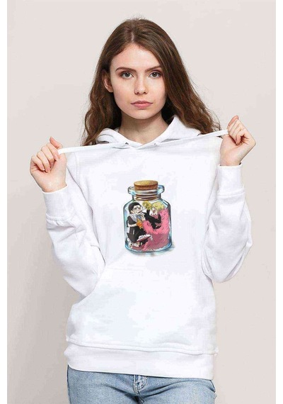 Anime One Piece Pirate Baskılı Beyaz Kadın Kapşonlu Sweatshirt