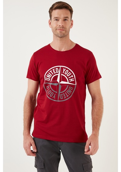 Buratti Baskılı Bisiklet Yaka Pamuklu Slim Fit Erkek T Shirt 541Pusula Kırmızı