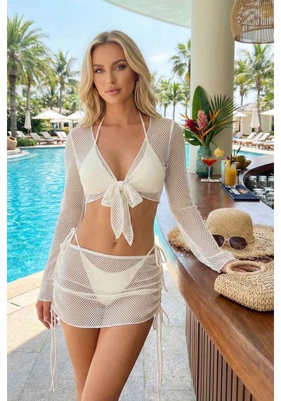 Angelsin Bağlamalı Alt Üst Pareo Üçgen 4'lü Brezilya Bikini Takım Set Çıkartılabilir Kaplı Beyaz