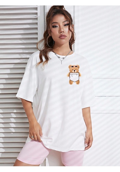 Ayı Cep T-shirt - Beyaz Baskılı Oversize Bisiklet Yaka Kısa Kol Tişört Beyaz
