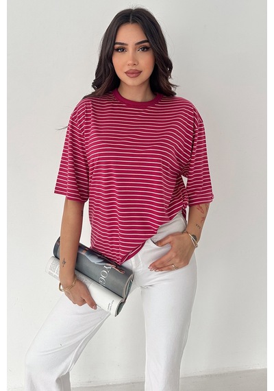 Noa & Noa Kadın Oversize Çizgili Tişört Monochrome Ease Pembe
