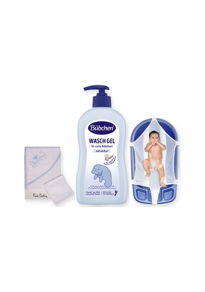 İlk Banyo Seti 3 Parça: Bübchen Şampuan + Sema Baby Küvet Filesi + Pierre Cardin Kundak Havlu - Mavi